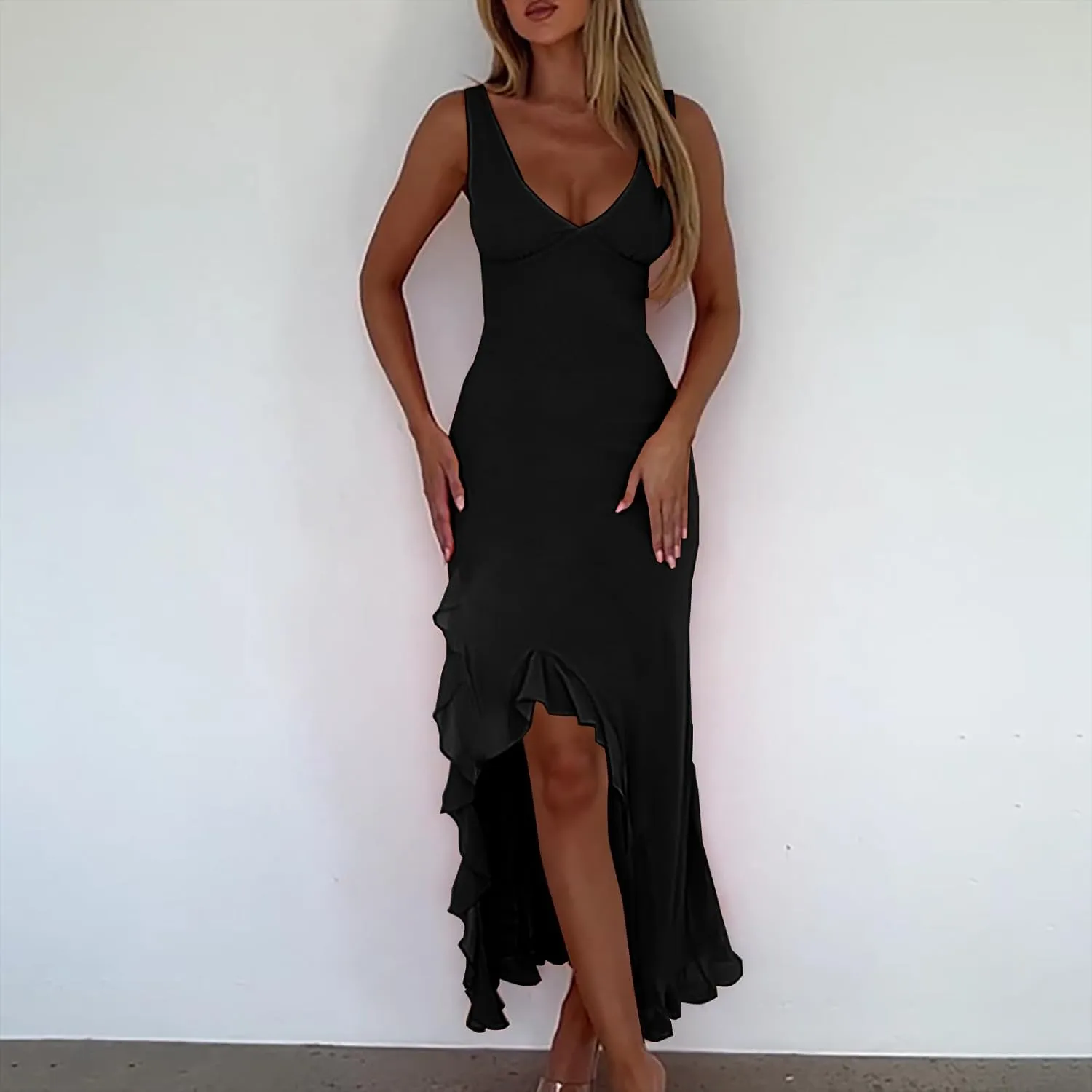 Women Summer Trendy Maxi Dresses Sleeveless Fit Flare Dress Hide Tummy Wrap V-Neck Ruffle Mesh Hem Long Sundress Elegant