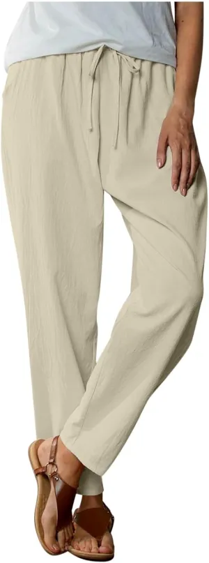 Women Summer Wide Leg Pants Casual Cotton Linen Drawstring Elastic High Waist Loose Fit Beach Trousers with Pockets