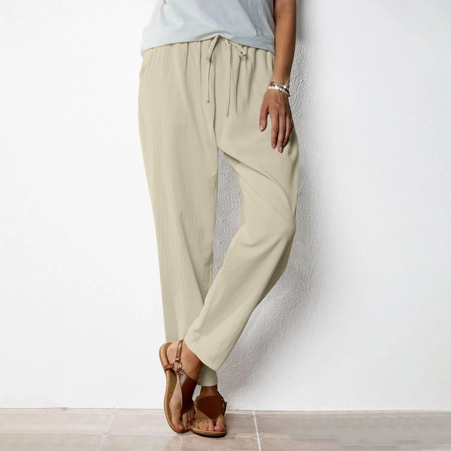 Women Summer Wide Leg Pants Casual Cotton Linen Drawstring Elastic High Waist Loose Fit Beach Trousers with Pockets