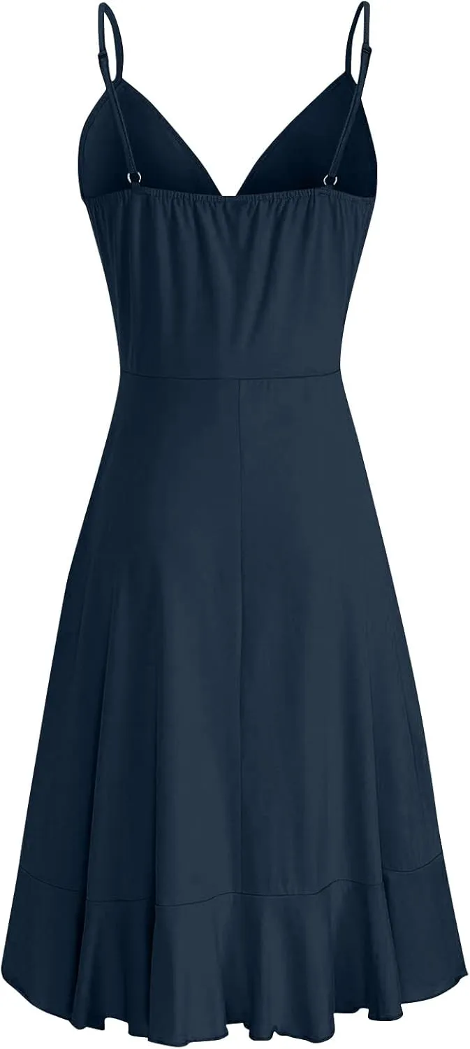 Women Summer Wrap V Neck Adjustable Spaghetti Straps Chest Pleats Casual Ruffle Dress Blossoms Strap Dress