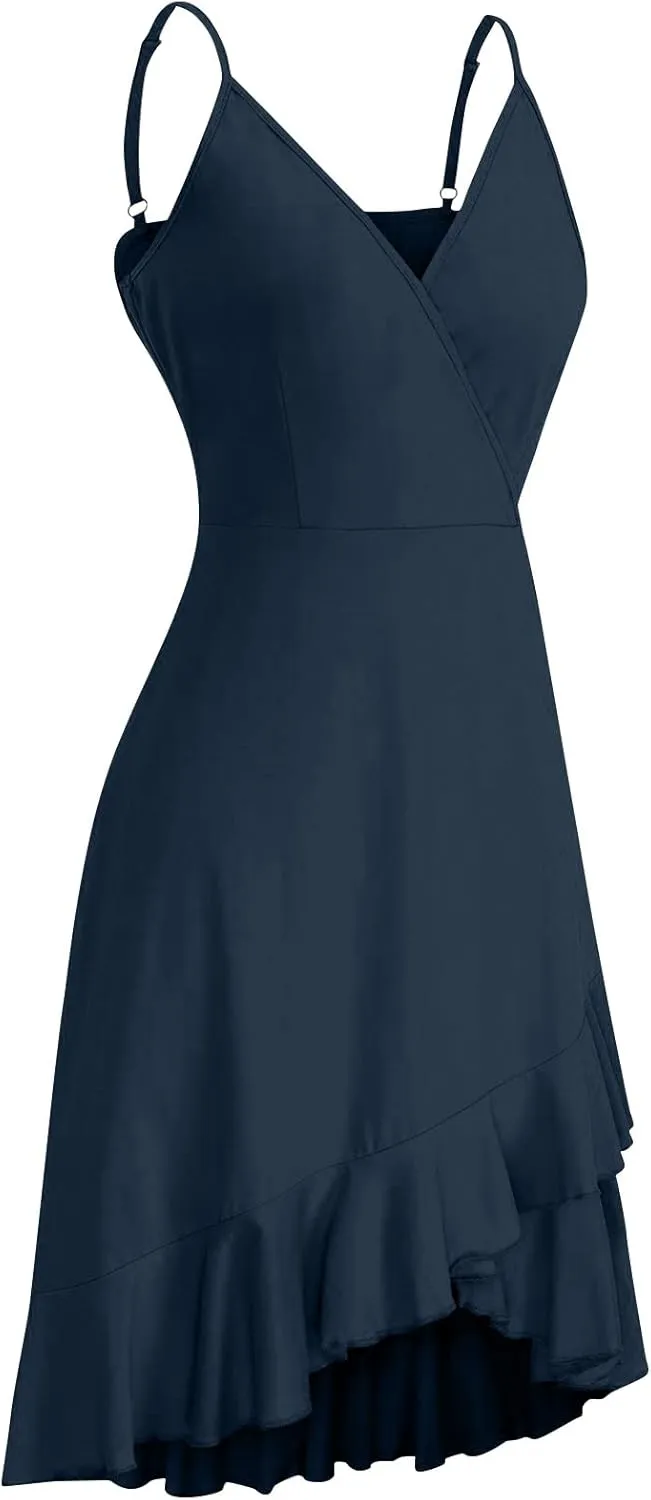 Women Summer Wrap V Neck Adjustable Spaghetti Straps Chest Pleats Casual Ruffle Dress Blossoms Strap Dress