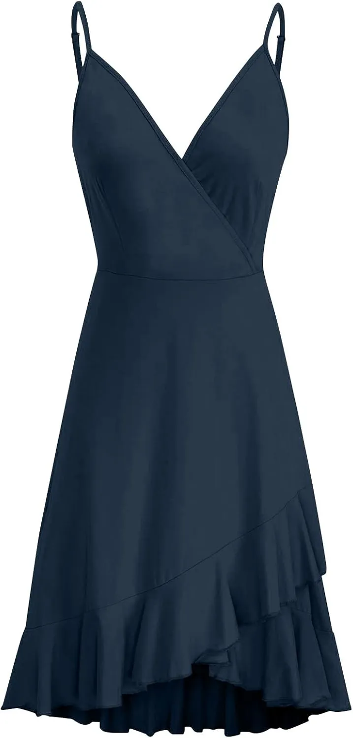 Women Summer Wrap V Neck Adjustable Spaghetti Straps Chest Pleats Casual Ruffle Dress Blossoms Strap Dress