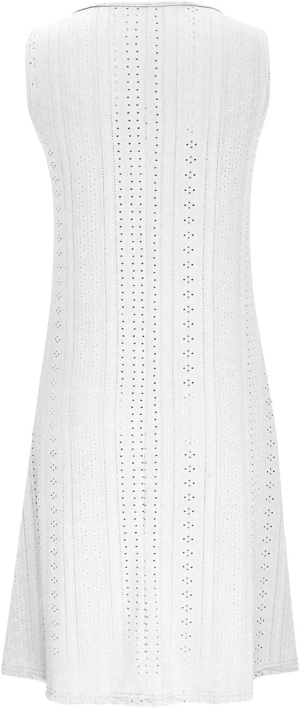 Women Sweetheart Embroidery Eyelet Tank Dress Solid Plunging Neckline Sleeveless Sundress Casual Vacation Beach Dress