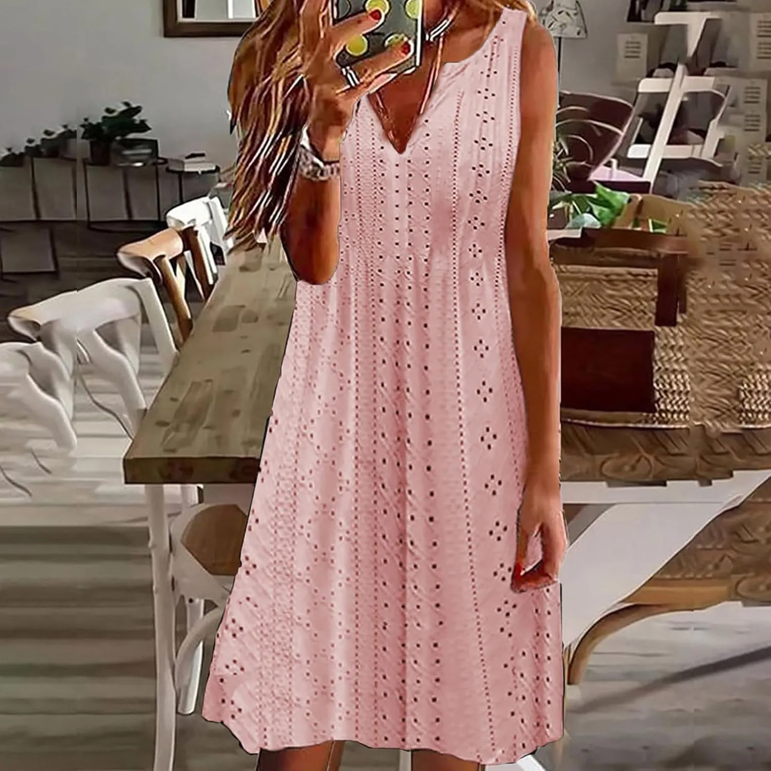 Women Sweetheart Embroidery Eyelet Tank Dress Solid Plunging Neckline Sleeveless Sundress Casual Vacation Beach Dress