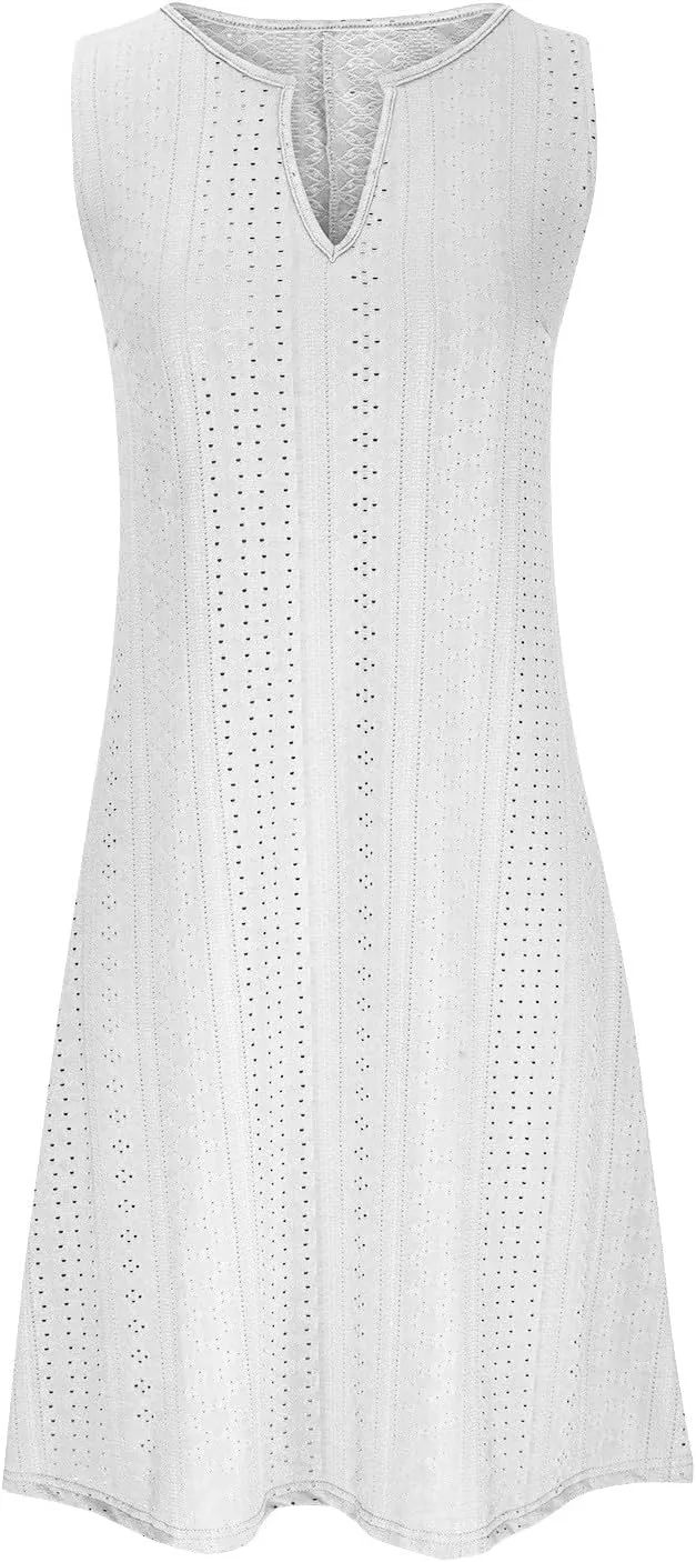 Women Sweetheart Embroidery Eyelet Tank Dress Solid Plunging Neckline Sleeveless Sundress Casual Vacation Beach Dress