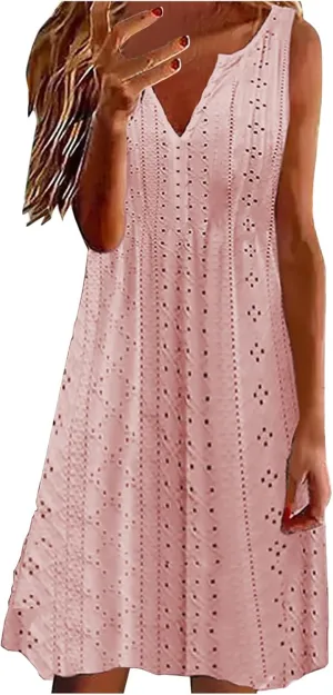Women Sweetheart Embroidery Eyelet Tank Dress Solid Plunging Neckline Sleeveless Sundress Casual Vacation Beach Dress