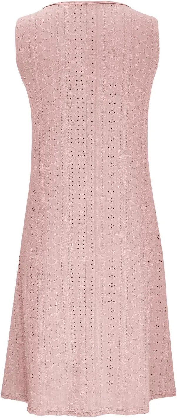 Women Sweetheart Embroidery Eyelet Tank Dress Solid Plunging Neckline Sleeveless Sundress Casual Vacation Beach Dress
