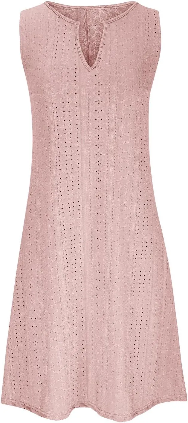 Women Sweetheart Embroidery Eyelet Tank Dress Solid Plunging Neckline Sleeveless Sundress Casual Vacation Beach Dress