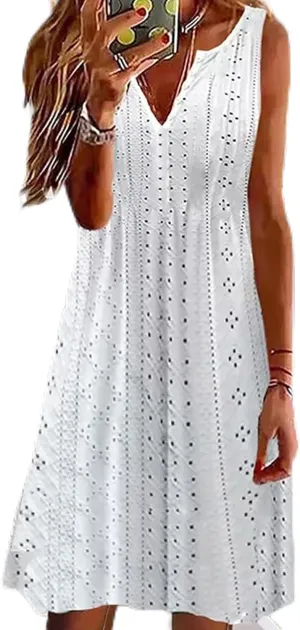 Women Sweetheart Embroidery Eyelet Tank Dress Solid Plunging Neckline Sleeveless Sundress Casual Vacation Beach Dress