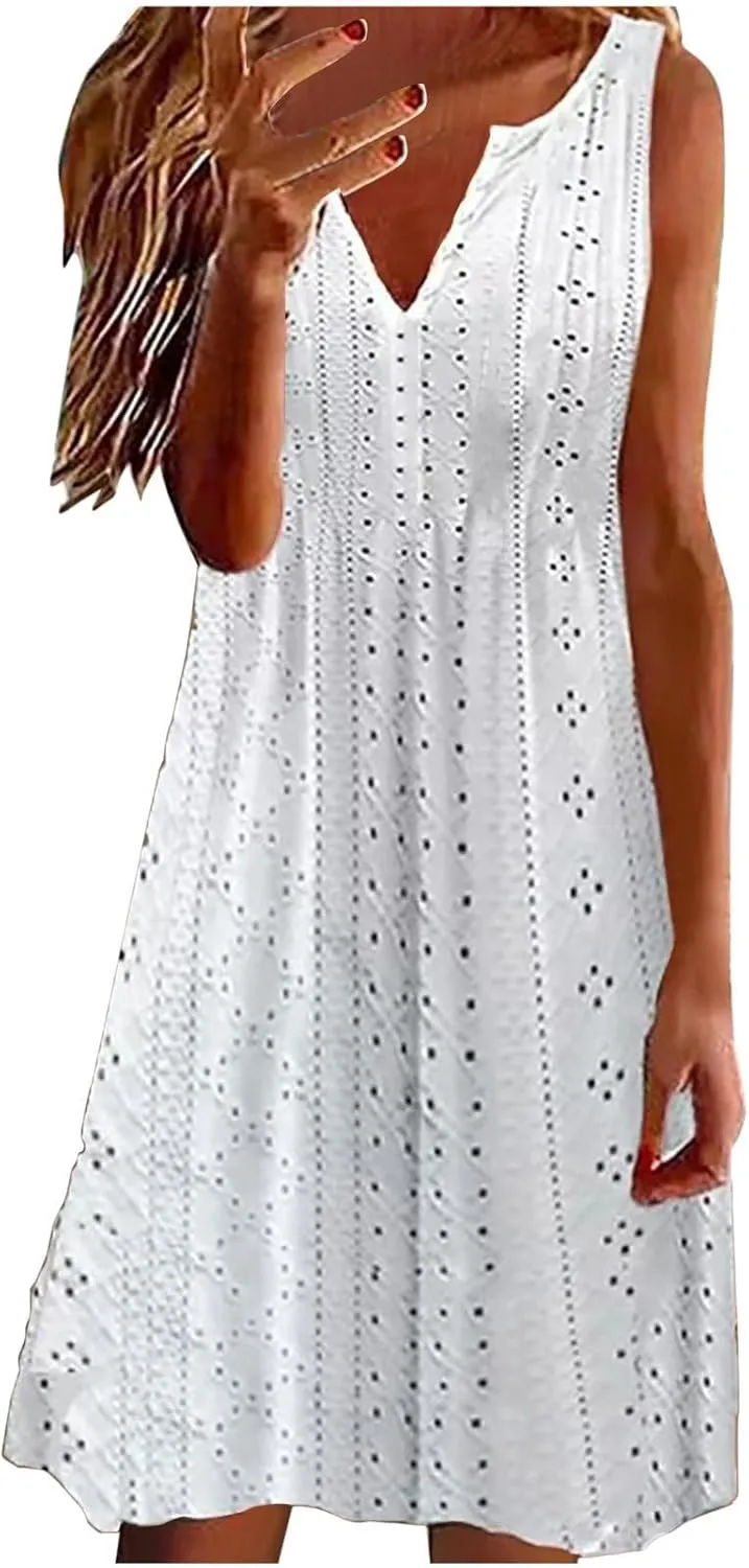 Women Sweetheart Embroidery Eyelet Tank Dress Solid Plunging Neckline Sleeveless Sundress Casual Vacation Beach Dress
