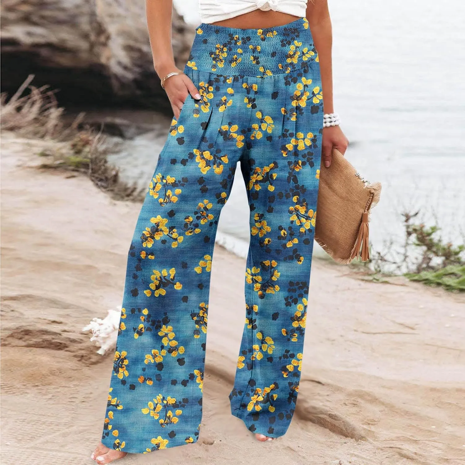 Women Wide Leg Linen Pants Boho Beach Print High Waisted Summer Casual Cotton Linen Pant Palazzo Trouser with Pockets