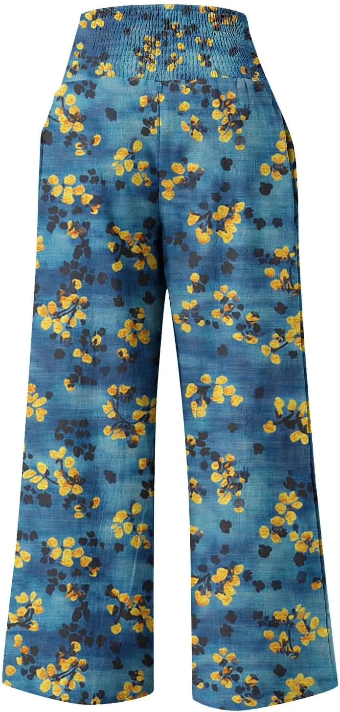 Women Wide Leg Linen Pants Boho Beach Print High Waisted Summer Casual Cotton Linen Pant Palazzo Trouser with Pockets