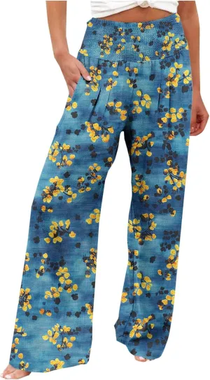 Women Wide Leg Linen Pants Boho Beach Print High Waisted Summer Casual Cotton Linen Pant Palazzo Trouser with Pockets