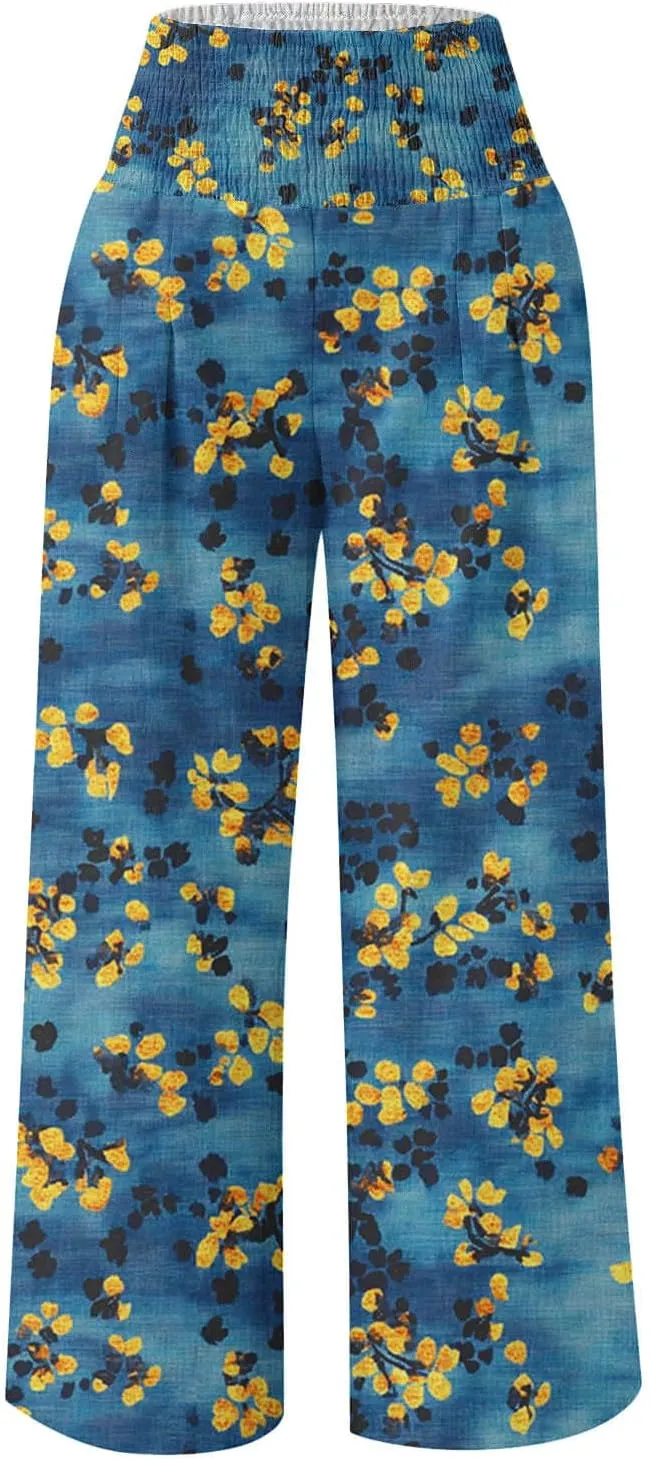 Women Wide Leg Linen Pants Boho Beach Print High Waisted Summer Casual Cotton Linen Pant Palazzo Trouser with Pockets