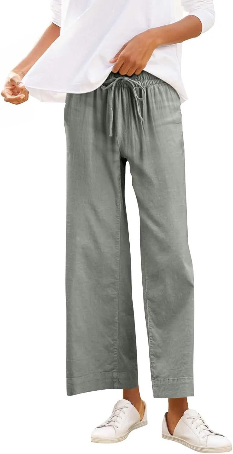 Women Wide Leg Pants, Straight High Waisted Wide Legs Trousers Casual Summer Cotton Linen Palazzo Pants with Pockets