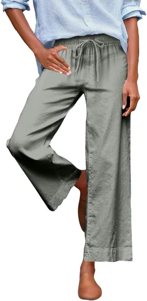 Women Wide Leg Pants, Straight High Waisted Wide Legs Trousers Casual Summer Cotton Linen Palazzo Pants with Pockets