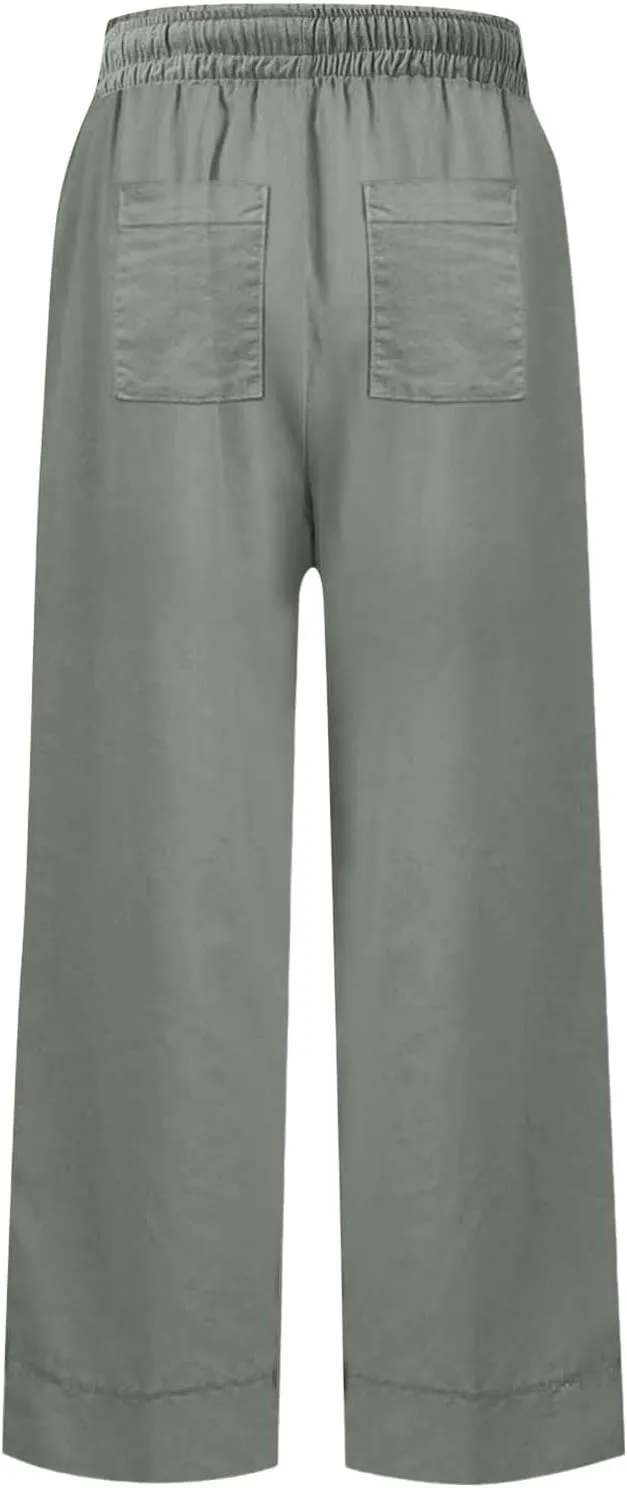 Women Wide Leg Pants, Straight High Waisted Wide Legs Trousers Casual Summer Cotton Linen Palazzo Pants with Pockets