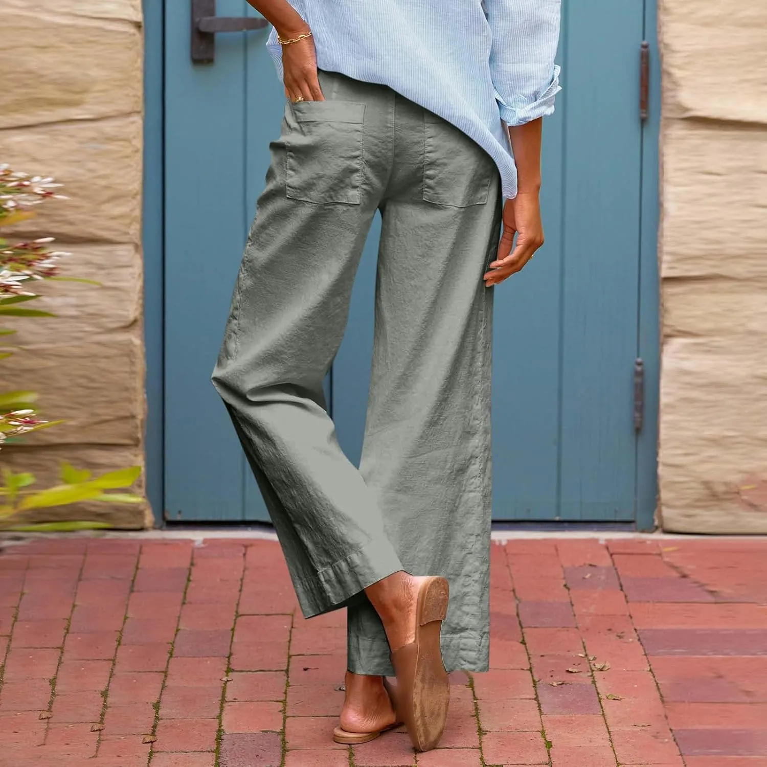 Women Wide Leg Pants, Straight High Waisted Wide Legs Trousers Casual Summer Cotton Linen Palazzo Pants with Pockets