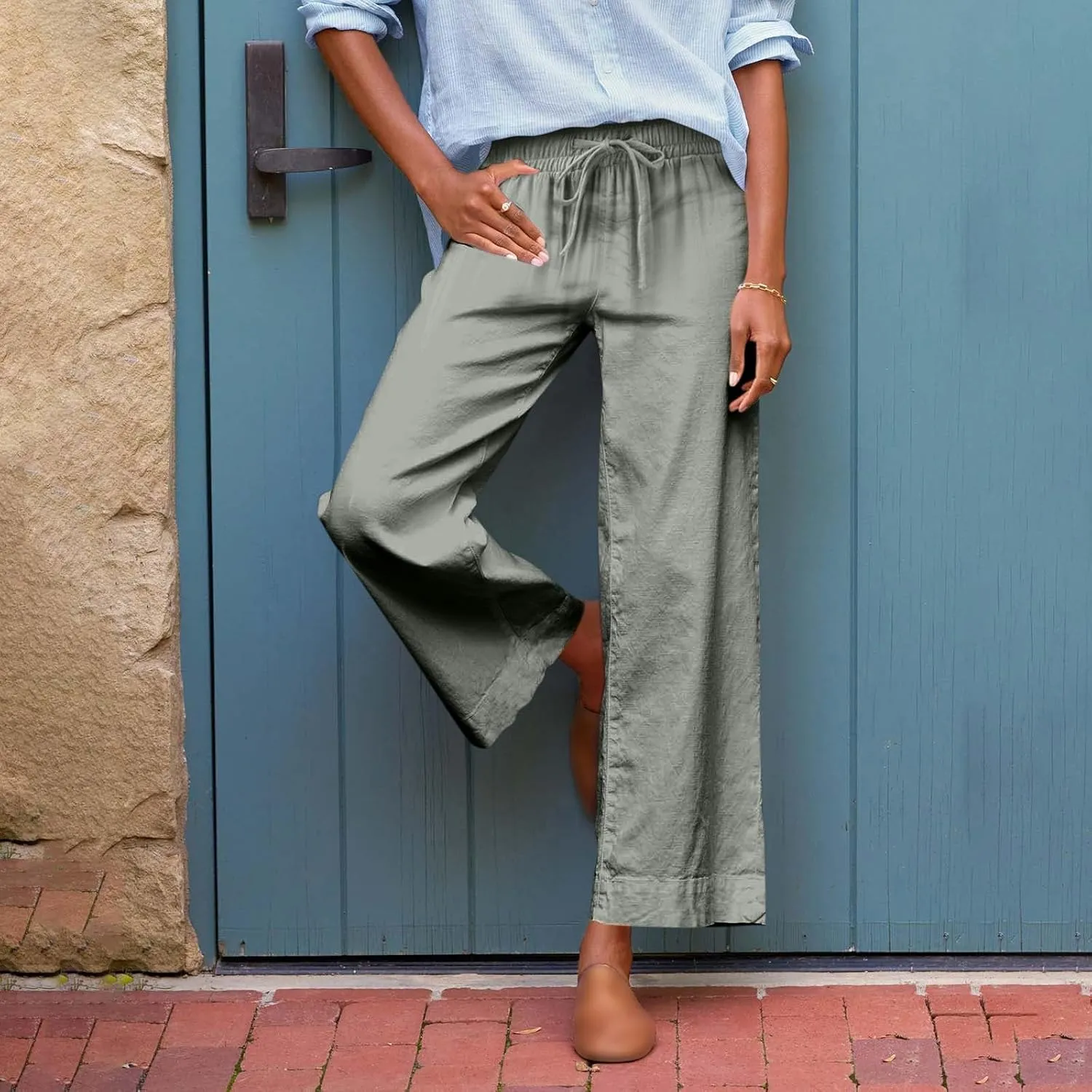 Women Wide Leg Pants, Straight High Waisted Wide Legs Trousers Casual Summer Cotton Linen Palazzo Pants with Pockets