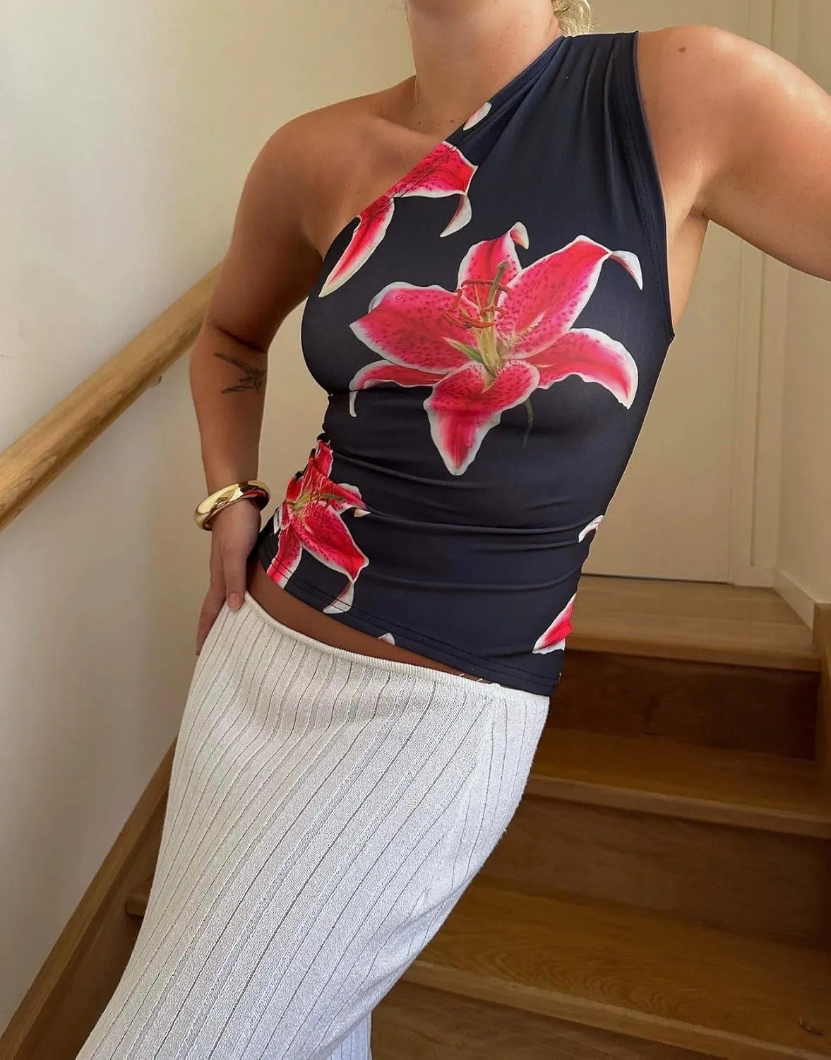 Women Y2k Floral Tank Top One Shoulder Backless Graphic Tee Sleeveless Flower Print Slim Fitted Crop Tops Retro Trendy