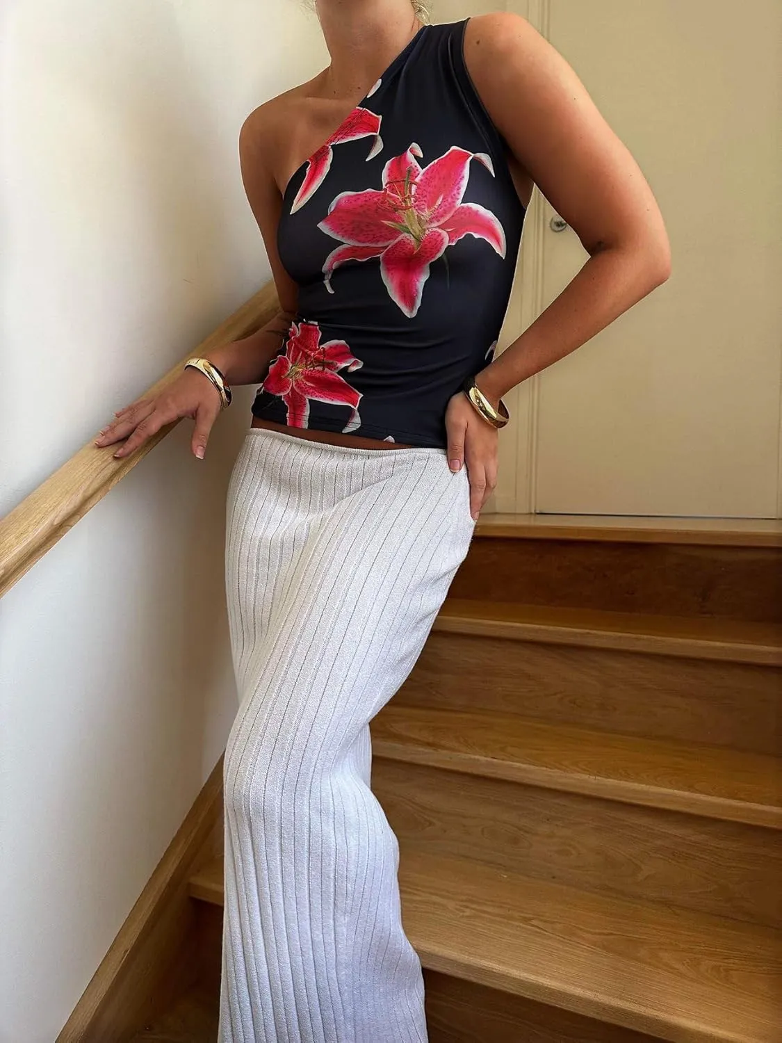 Women Y2k Floral Tank Top One Shoulder Backless Graphic Tee Sleeveless Flower Print Slim Fitted Crop Tops Retro Trendy