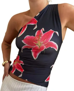 Women Y2k Floral Tank Top One Shoulder Backless Graphic Tee Sleeveless Flower Print Slim Fitted Crop Tops Retro Trendy
