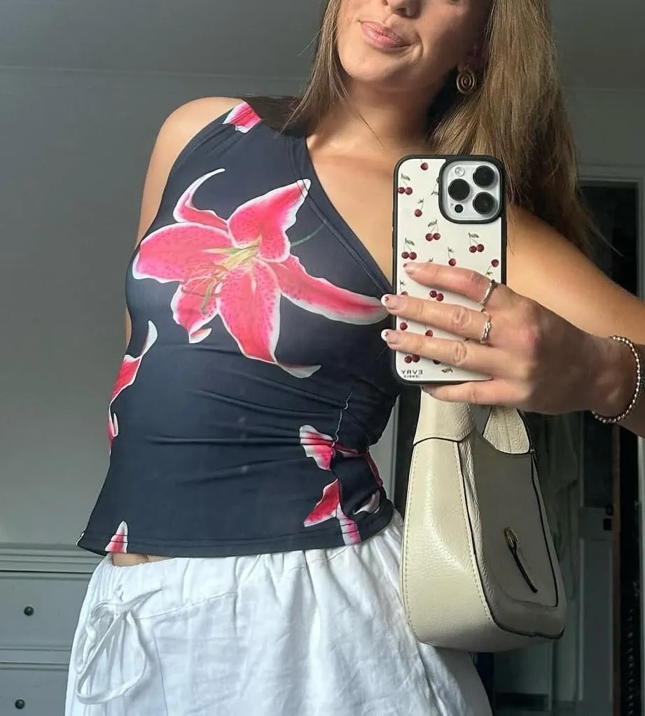 Women Y2k Floral Tank Top One Shoulder Backless Graphic Tee Sleeveless Flower Print Slim Fitted Crop Tops Retro Trendy