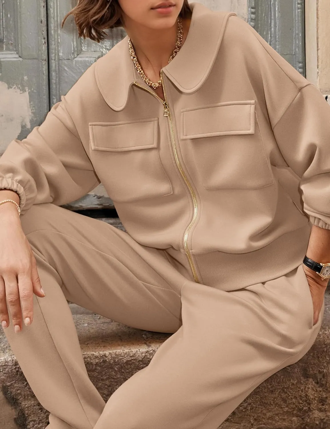 Women Zip Up Sweatshirt Long Sleeve Drop Shoulder Lapel Zip Through Loose Casual Sweatshirt Jackets with Pocket