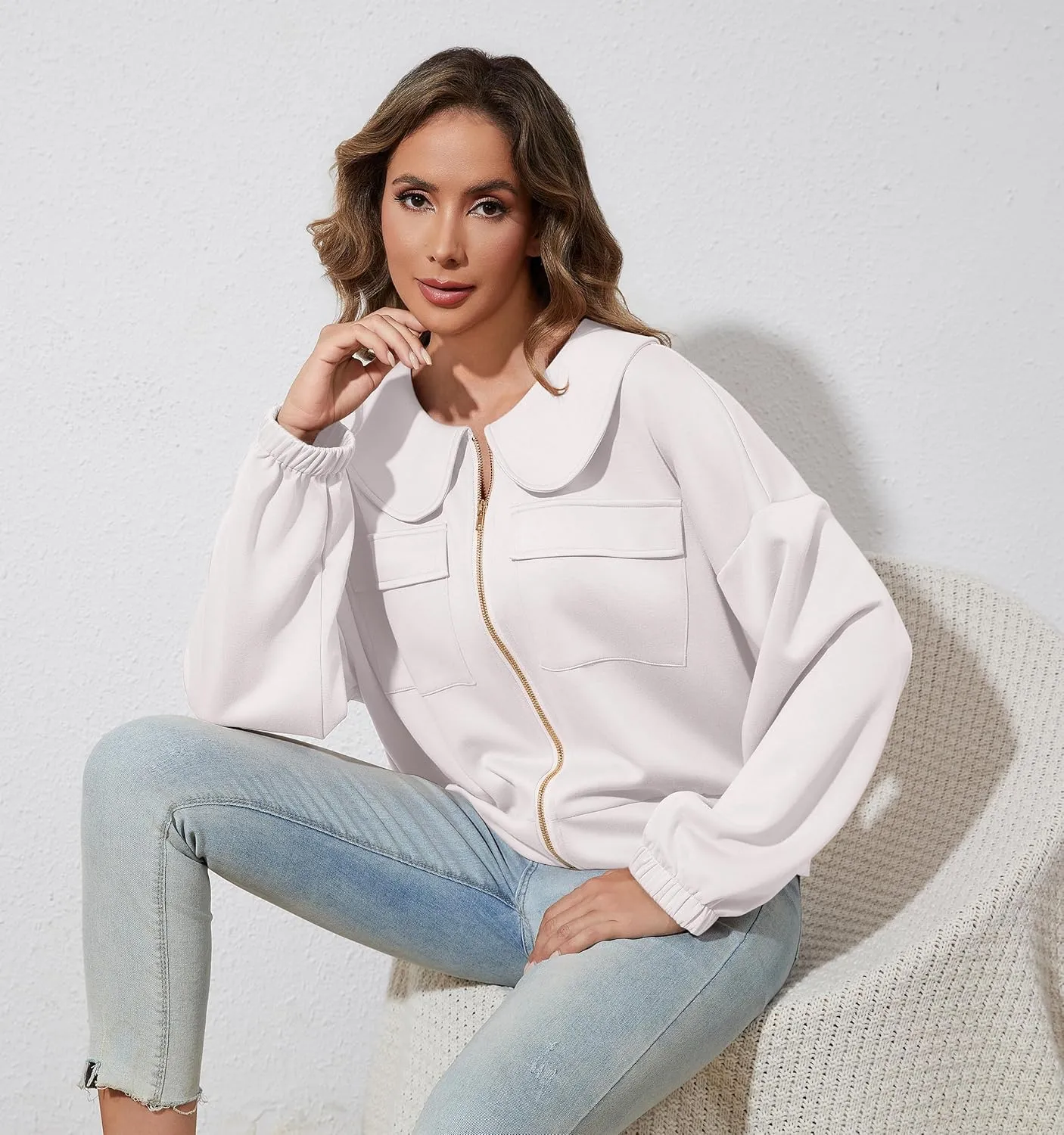 Women Zip Up Sweatshirt Long Sleeve Drop Shoulder Lapel Zip Through Loose Casual Sweatshirt Jackets with Pocket