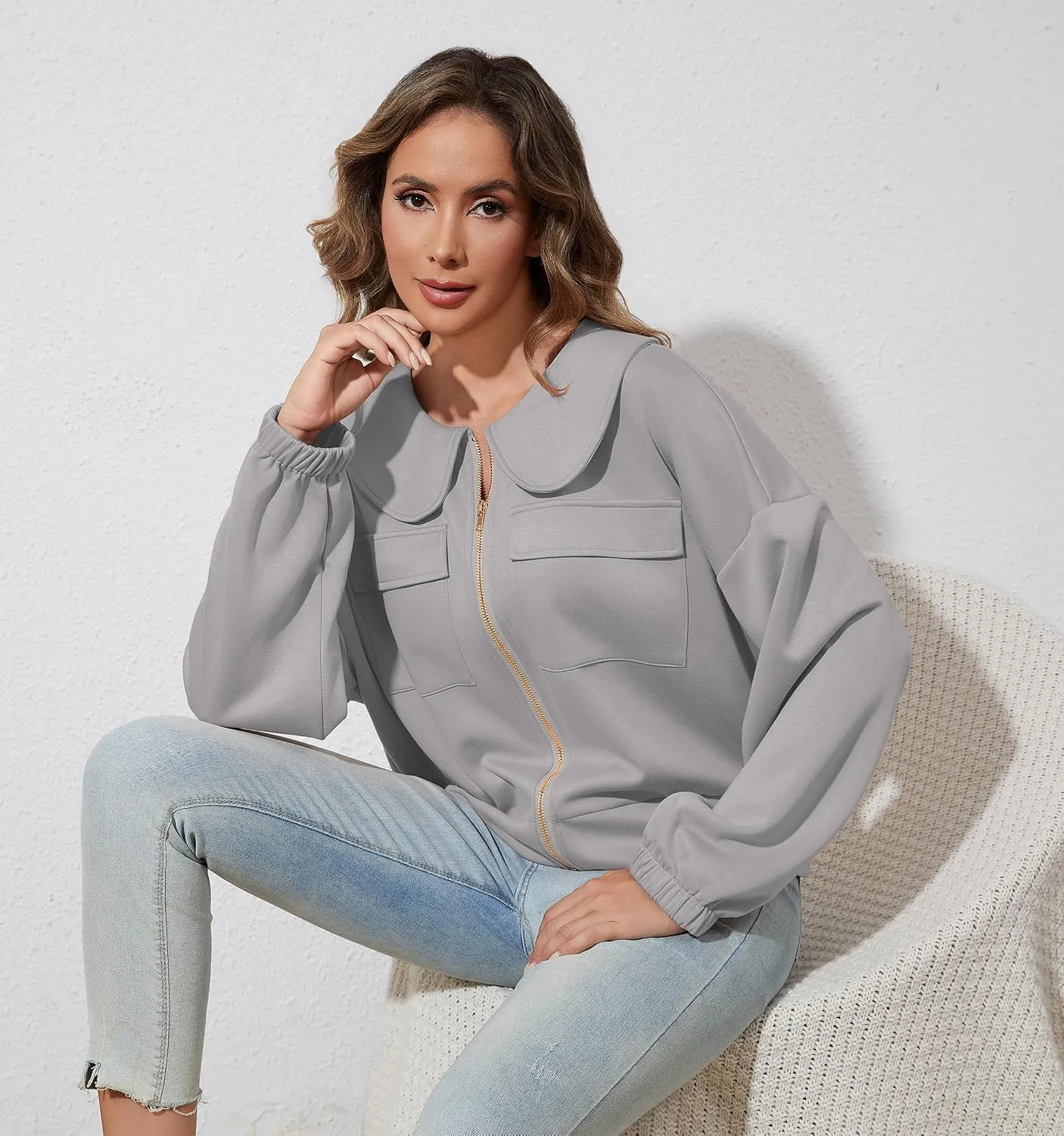 Women Zip Up Sweatshirt Long Sleeve Drop Shoulder Lapel Zip Through Loose Casual Sweatshirt Jackets with Pocket