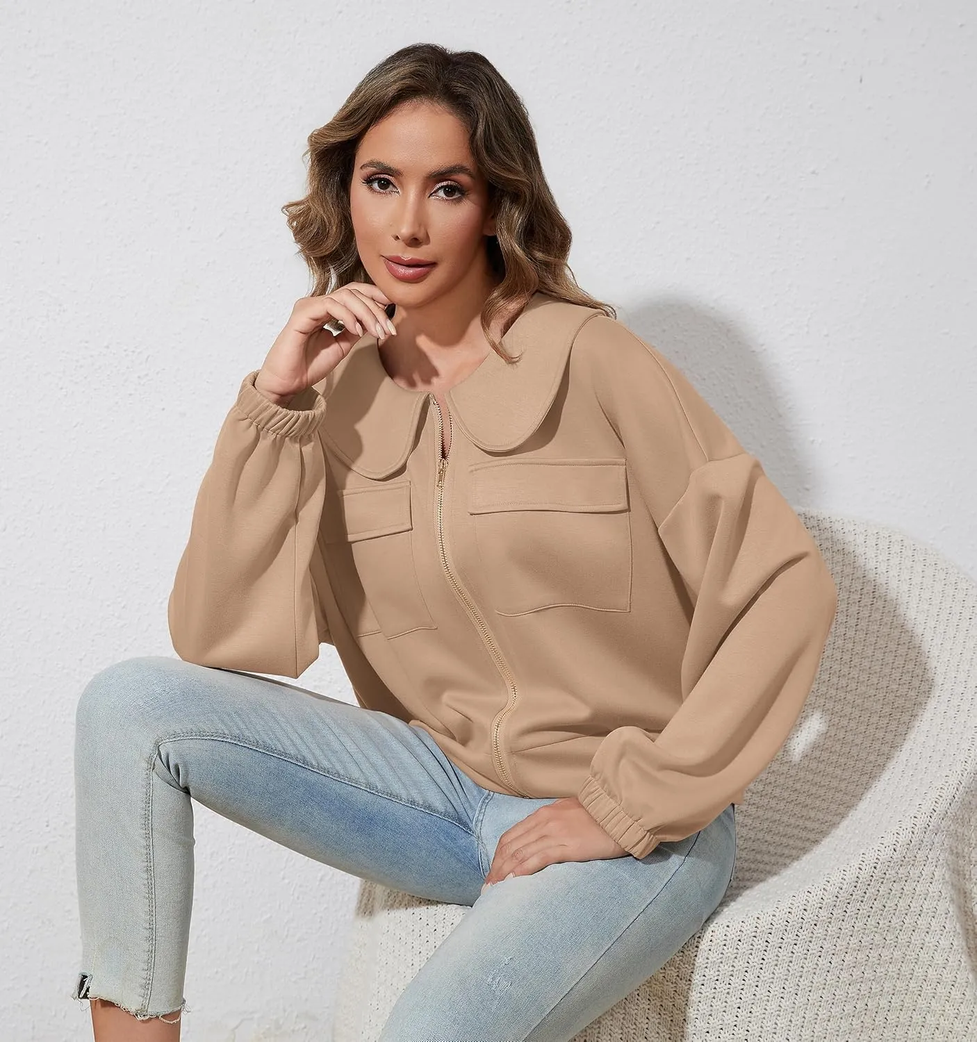 Women Zip Up Sweatshirt Long Sleeve Drop Shoulder Lapel Zip Through Loose Casual Sweatshirt Jackets with Pocket