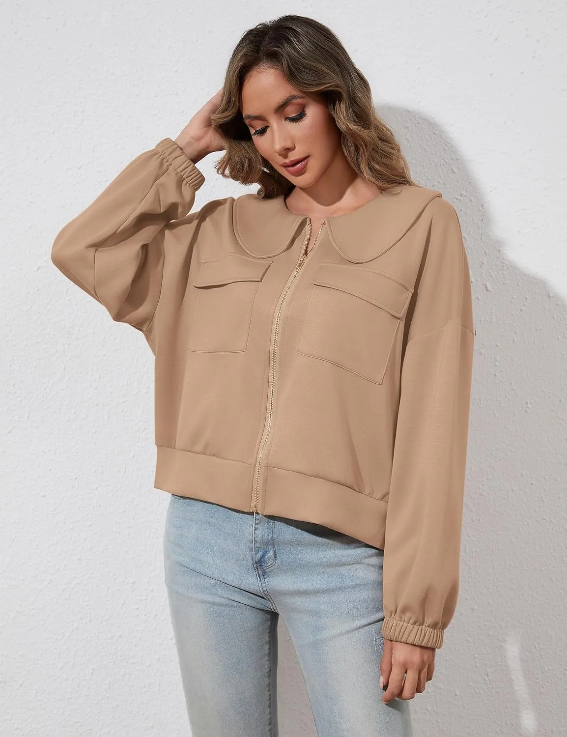 Women Zip Up Sweatshirt Long Sleeve Drop Shoulder Lapel Zip Through Loose Casual Sweatshirt Jackets with Pocket