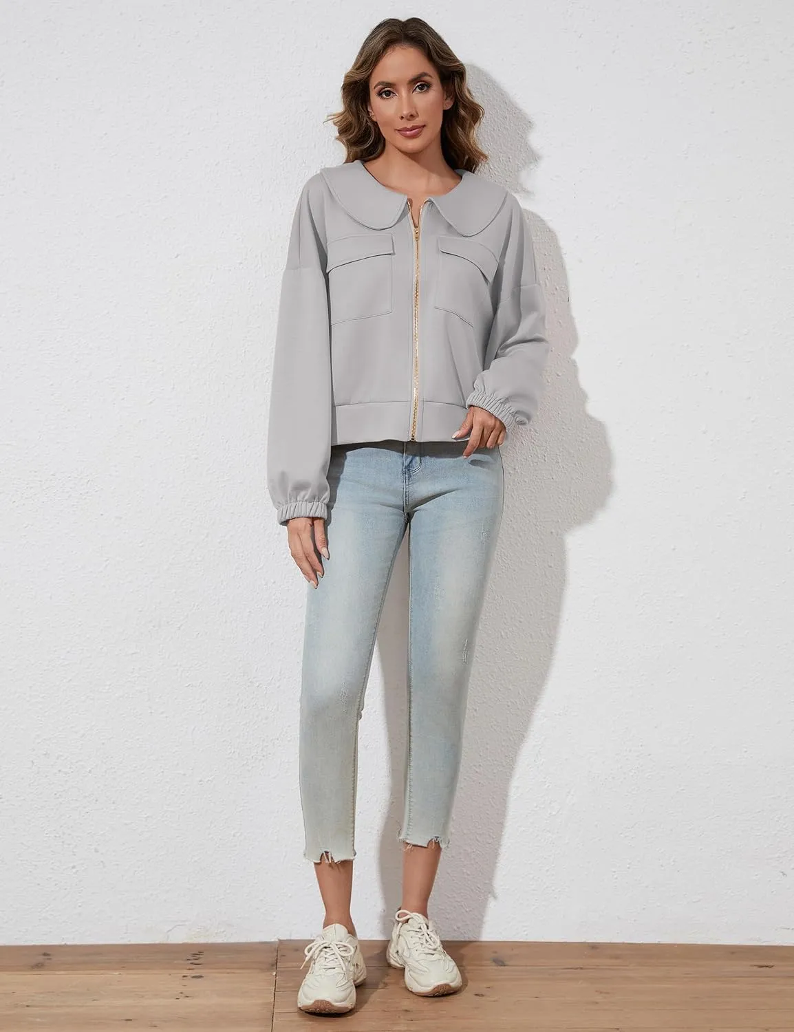 Women Zip Up Sweatshirt Long Sleeve Drop Shoulder Lapel Zip Through Loose Casual Sweatshirt Jackets with Pocket