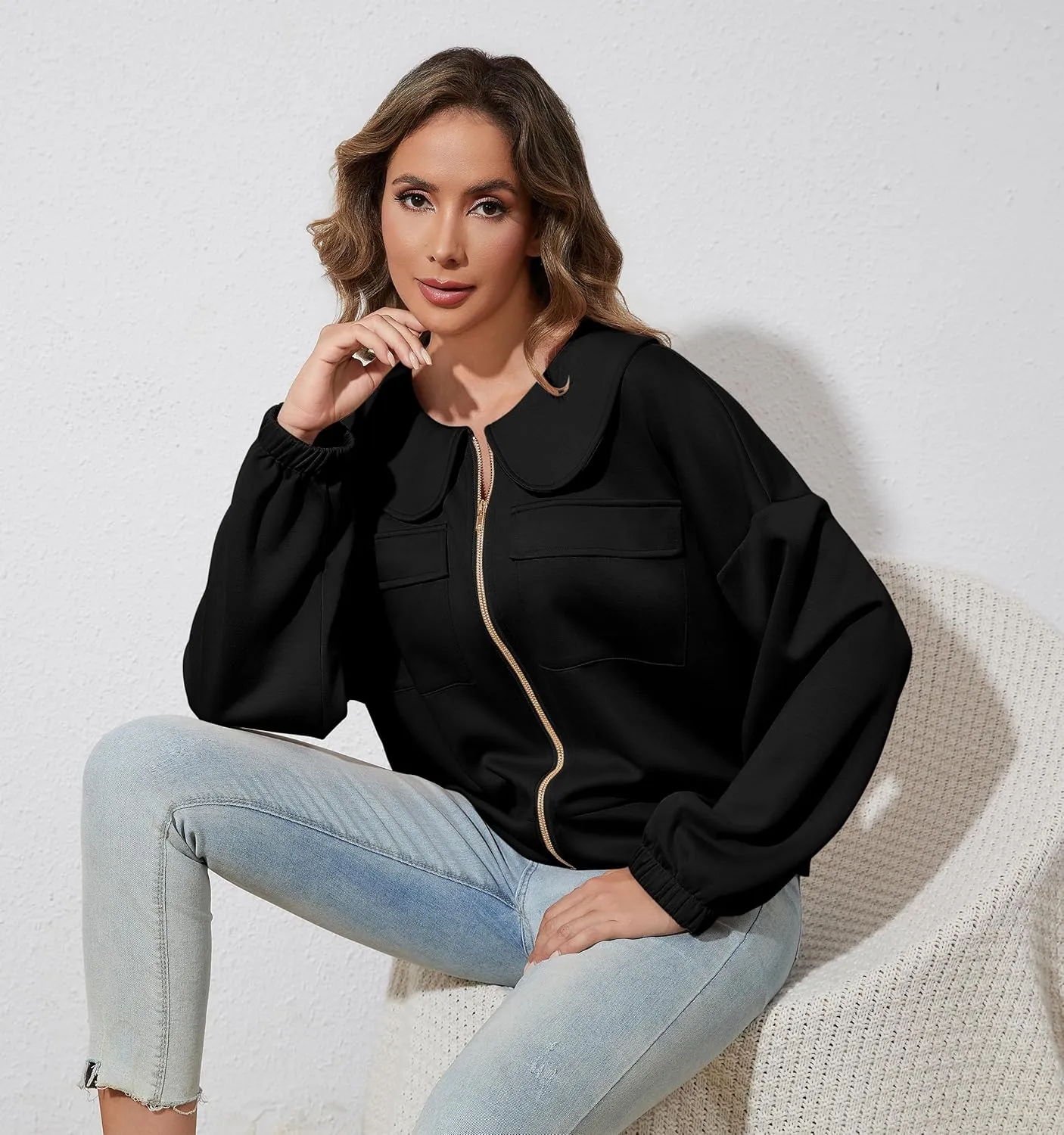 Women Zip Up Sweatshirt Long Sleeve Drop Shoulder Lapel Zip Through Loose Casual Sweatshirt Jackets with Pocket