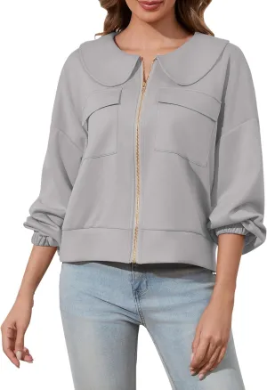 Women Zip Up Sweatshirt Long Sleeve Drop Shoulder Lapel Zip Through Loose Casual Sweatshirt Jackets with Pocket