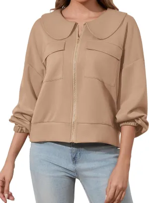 Women Zip Up Sweatshirt Long Sleeve Drop Shoulder Lapel Zip Through Loose Casual Sweatshirt Jackets with Pocket