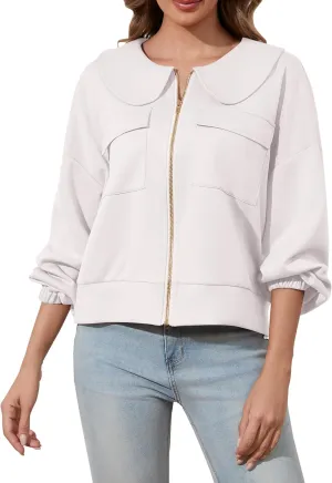 Women Zip Up Sweatshirt Long Sleeve Drop Shoulder Lapel Zip Through Loose Casual Sweatshirt Jackets with Pocket
