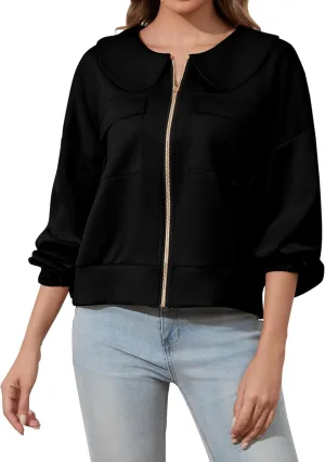 Women Zip Up Sweatshirt Long Sleeve Drop Shoulder Lapel Zip Through Loose Casual Sweatshirt Jackets with Pocket