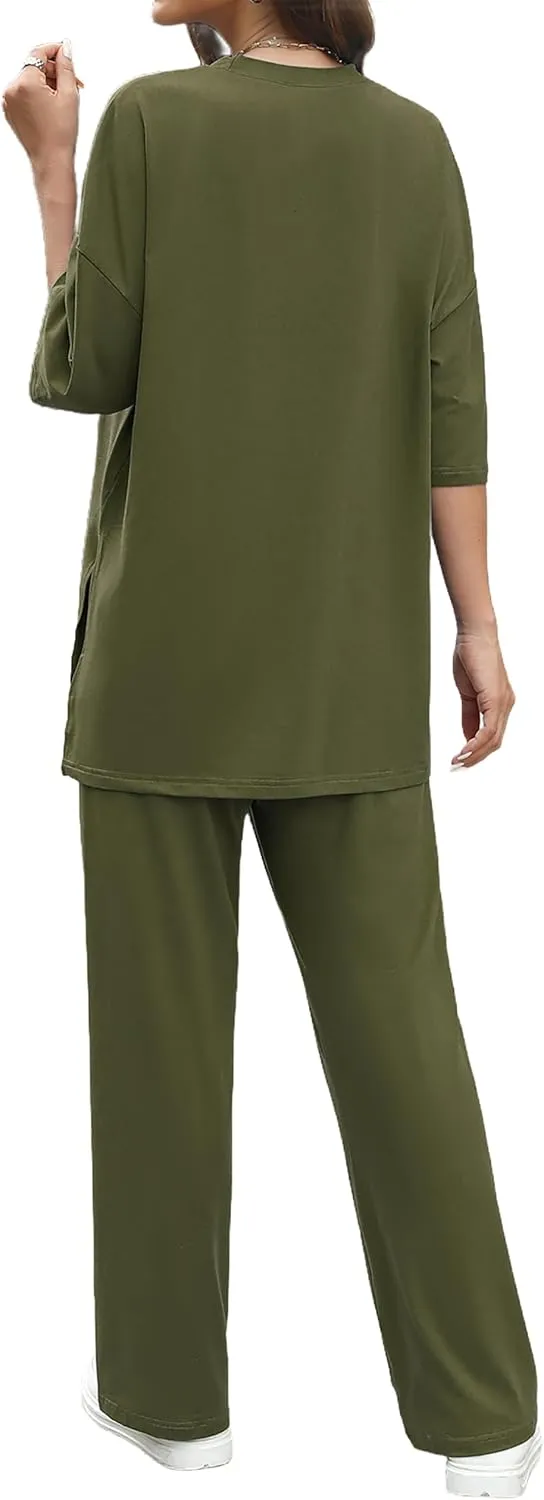 Womens 2 Piece Outfits Short Sleeve Set Wide Leg Pants Casual Trendy Pullover Lounge Set