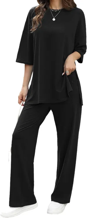 Womens 2 Piece Outfits Short Sleeve Set Wide Leg Pants Casual Trendy Pullover Lounge Set
