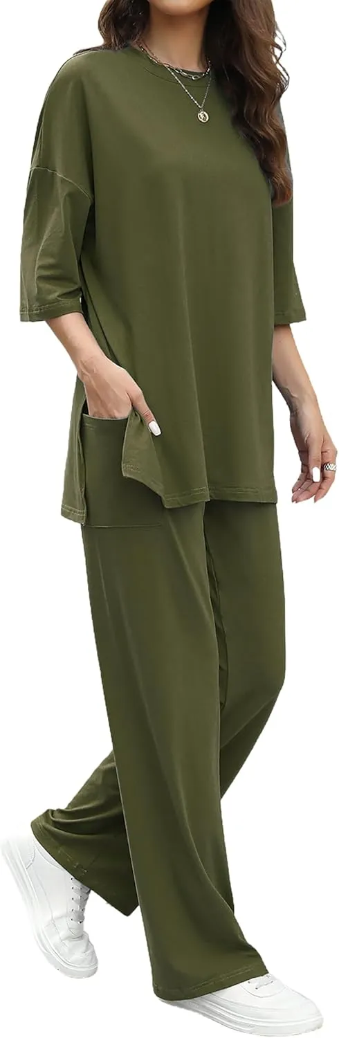 Womens 2 Piece Outfits Short Sleeve Set Wide Leg Pants Casual Trendy Pullover Lounge Set