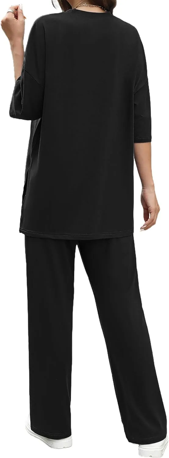Womens 2 Piece Outfits Short Sleeve Set Wide Leg Pants Casual Trendy Pullover Lounge Set