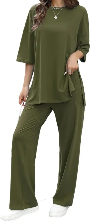 Womens 2 Piece Outfits Short Sleeve Set Wide Leg Pants Casual Trendy Pullover Lounge Set