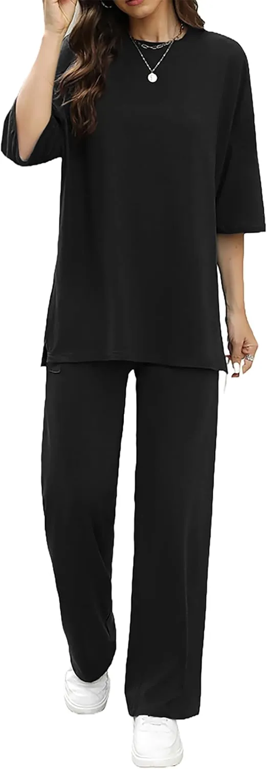 Womens 2 Piece Outfits Short Sleeve Set Wide Leg Pants Casual Trendy Pullover Lounge Set