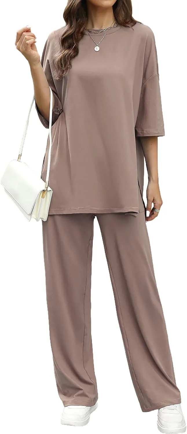 Womens 2 Piece Outfits Short Sleeve Set Wide Leg Pants Casual Trendy Pullover Lounge Set