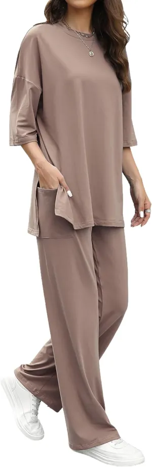 Womens 2 Piece Outfits Short Sleeve Set Wide Leg Pants Casual Trendy Pullover Lounge Set