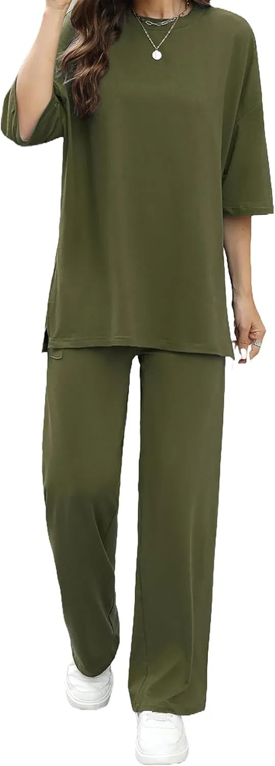 Womens 2 Piece Outfits Short Sleeve Set Wide Leg Pants Casual Trendy Pullover Lounge Set