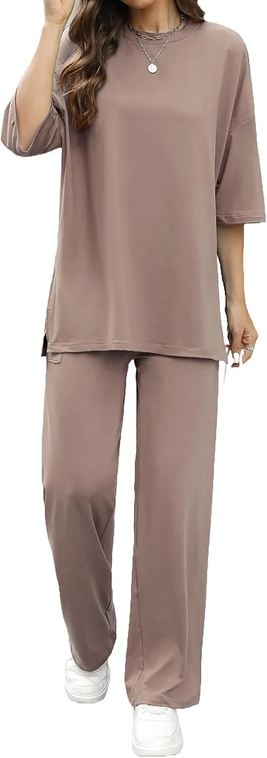 Womens 2 Piece Outfits Short Sleeve Set Wide Leg Pants Casual Trendy Pullover Lounge Set