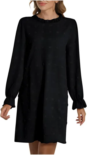 Womens 2024 Summer Dress Ruffle Puff Long Sleeve Swiss Dot Wedding Guest Dresses Casual Frill Trim Crew Neck Mini Dress