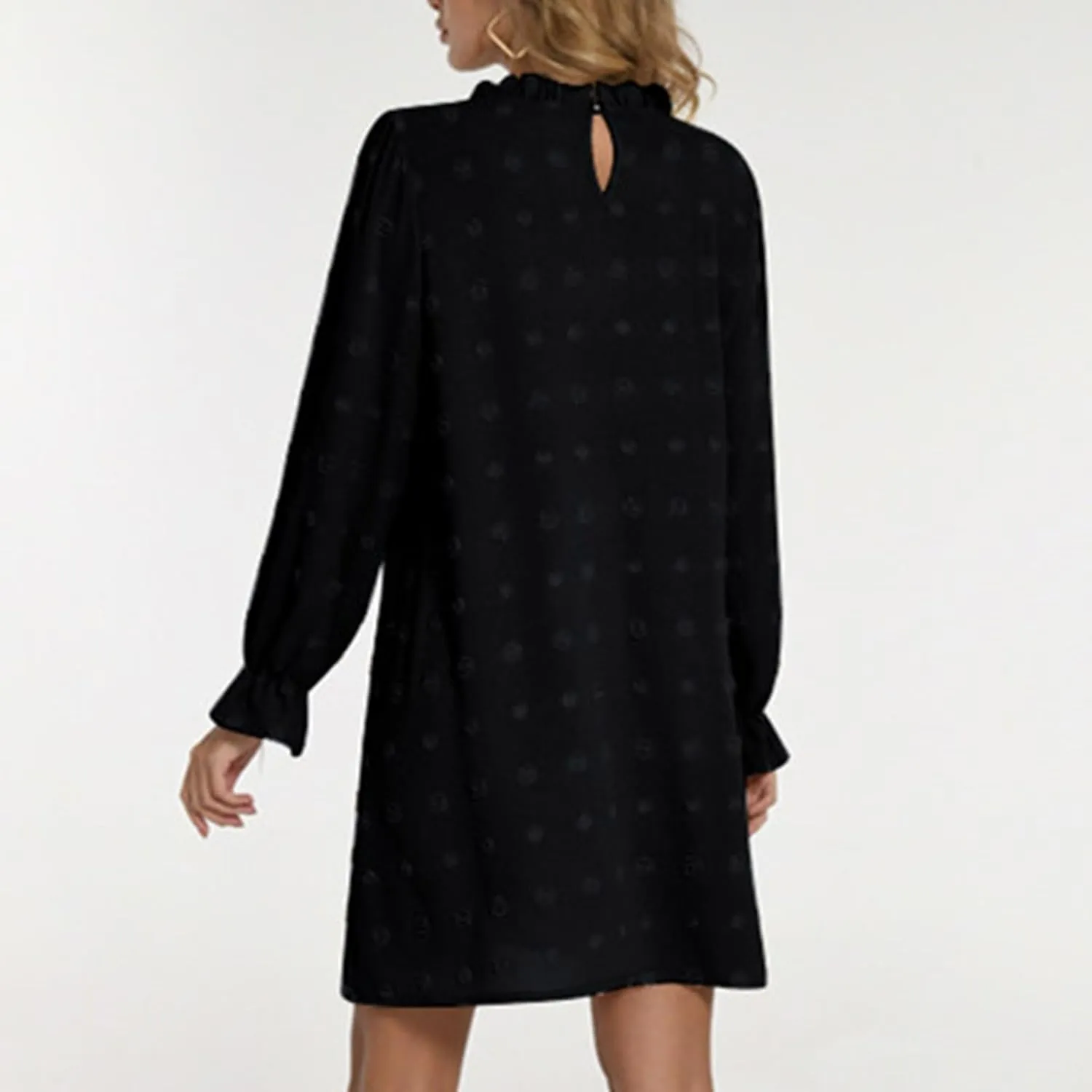 Womens 2024 Summer Dress Ruffle Puff Long Sleeve Swiss Dot Wedding Guest Dresses Casual Frill Trim Crew Neck Mini Dress